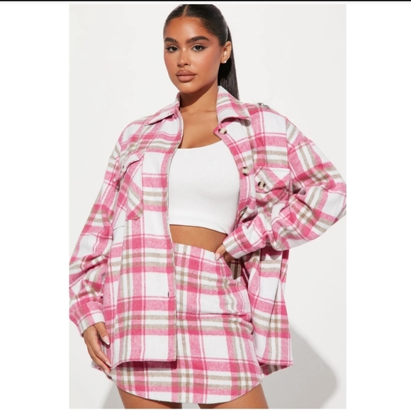 Fashion Nova Pink and White Plaid Skirt Set, Size L - Picture 2 of 16